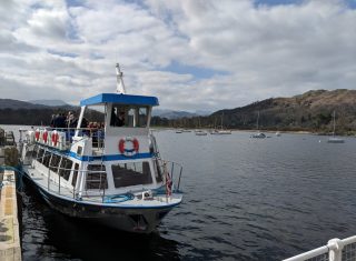 Lake Windermere, Lake District, Cumbria - Lake cruise with Langdale Pikes in background